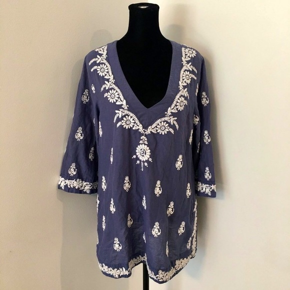 SAFFIRE Blue V-Neck Floral Embroidered Sequin Boho Tunic 3/4 Sleeves Size Medium - Picture 2 of 8